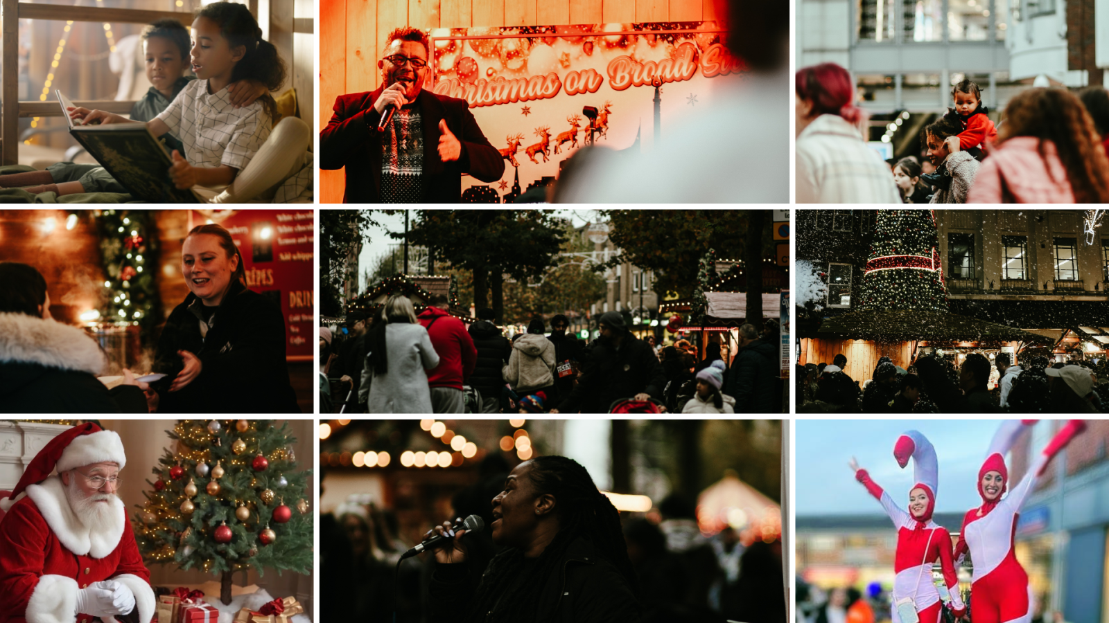 Collage of Christmassy photos in Reading town centre, including Father Christmas, singers, candy cane stilt walkers and Reading Christmas market